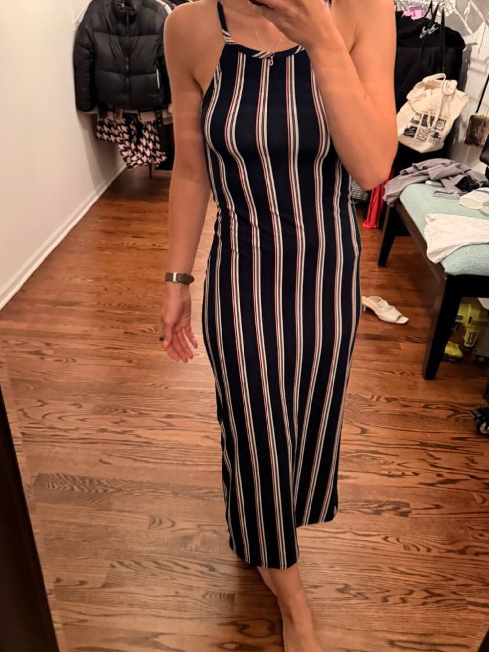 Discreet Navy Striped High-Neck Dress